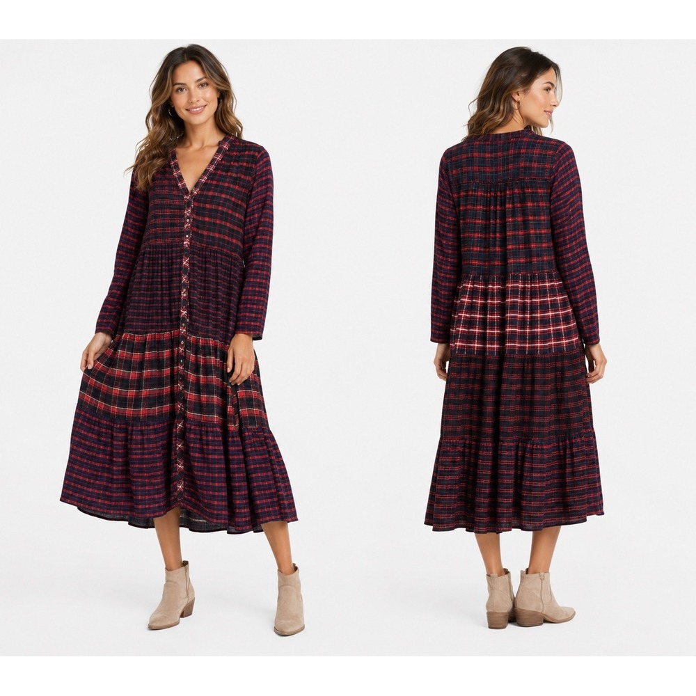 Sacred Threads Midi Dress Womens L/XL Red Black Plaid Patchwork Tiered Boho Boho